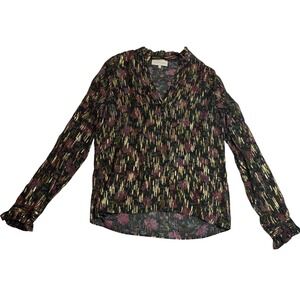 Caballero Blouse Women Black Gold Excellent Floral Metallic V-Neck XS
